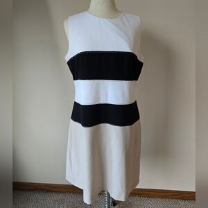 Calvin Klein Tan White and Black Striped Dress Women's Sz 12.